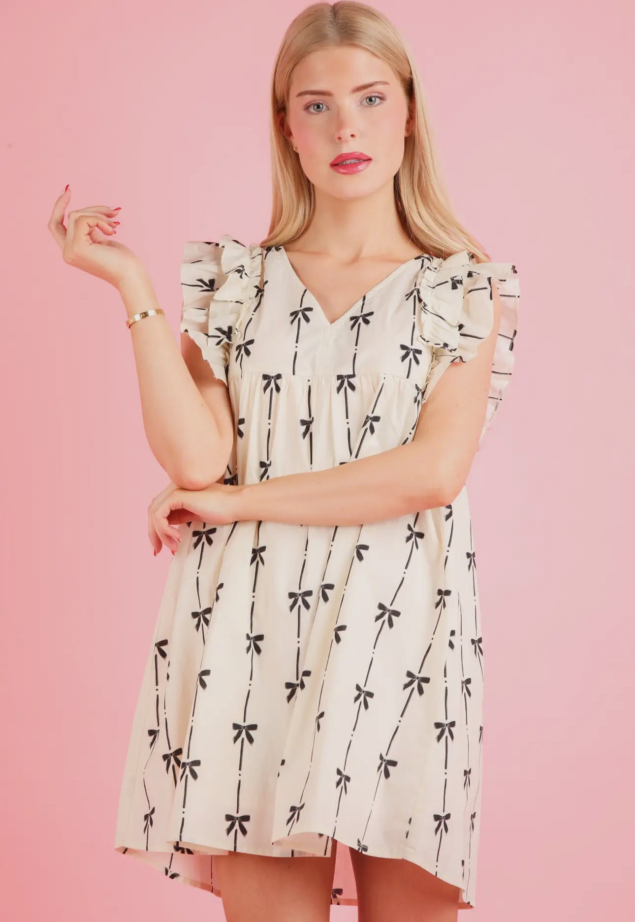 Bow Printed Sleeveless Mini Dress